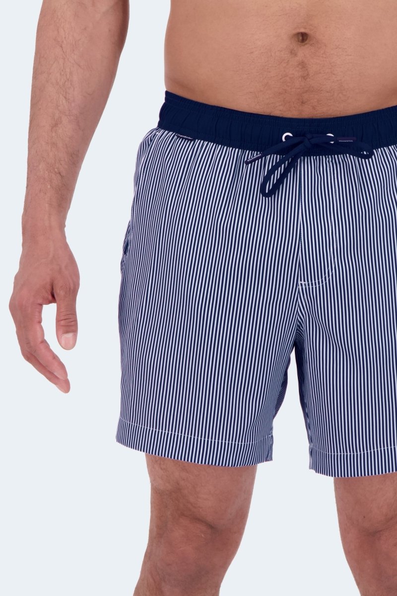 Frankster Poolsiders * The Swims Men's Shorts in navy and white vertical striped fabric with an elastic drawstring waistband