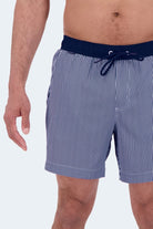 Frankster Poolsiders * The Swims Men's Shorts in navy and white vertical striped fabric with an elastic drawstring waistband