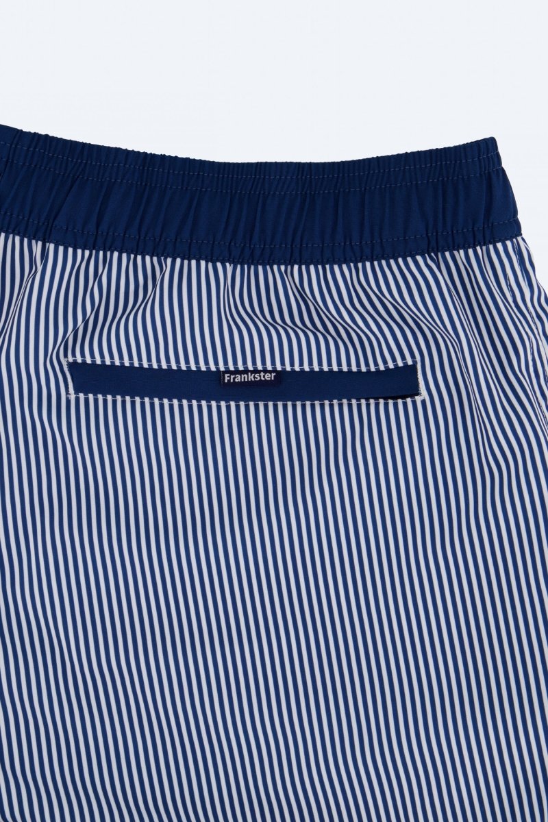 Frankster Poolsiders * The Swims Men's Shorts in navy blue and white striped fabric with an elasticated waistband and zip pocket