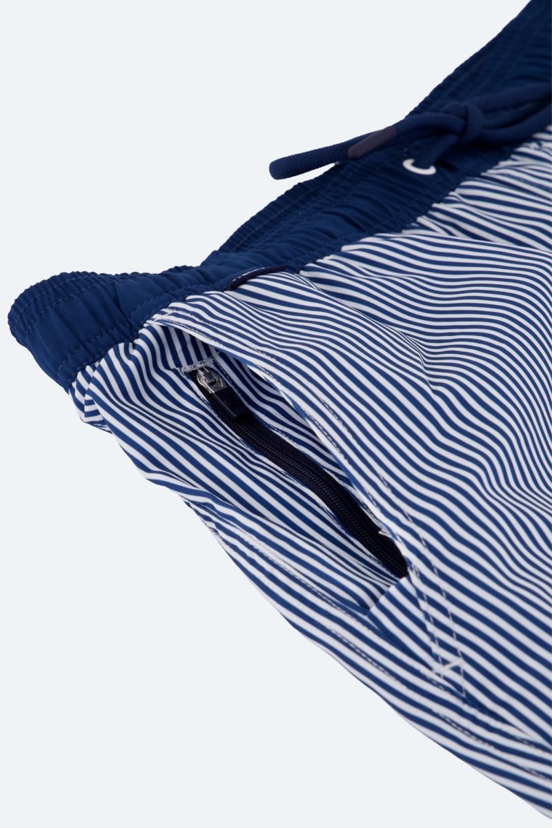Frankster Poolsiders * The Swims Men's Shorts in blue and white striped fabric with elastic waistband, drawstring and zip pocket