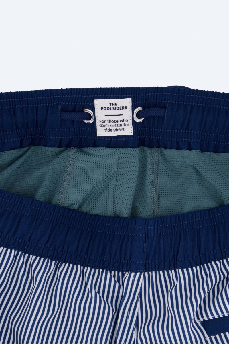 Frankster Poolsiders * The Swims Men's Shorts in navy and white striped fabric with elastic waistband and teal mesh lining