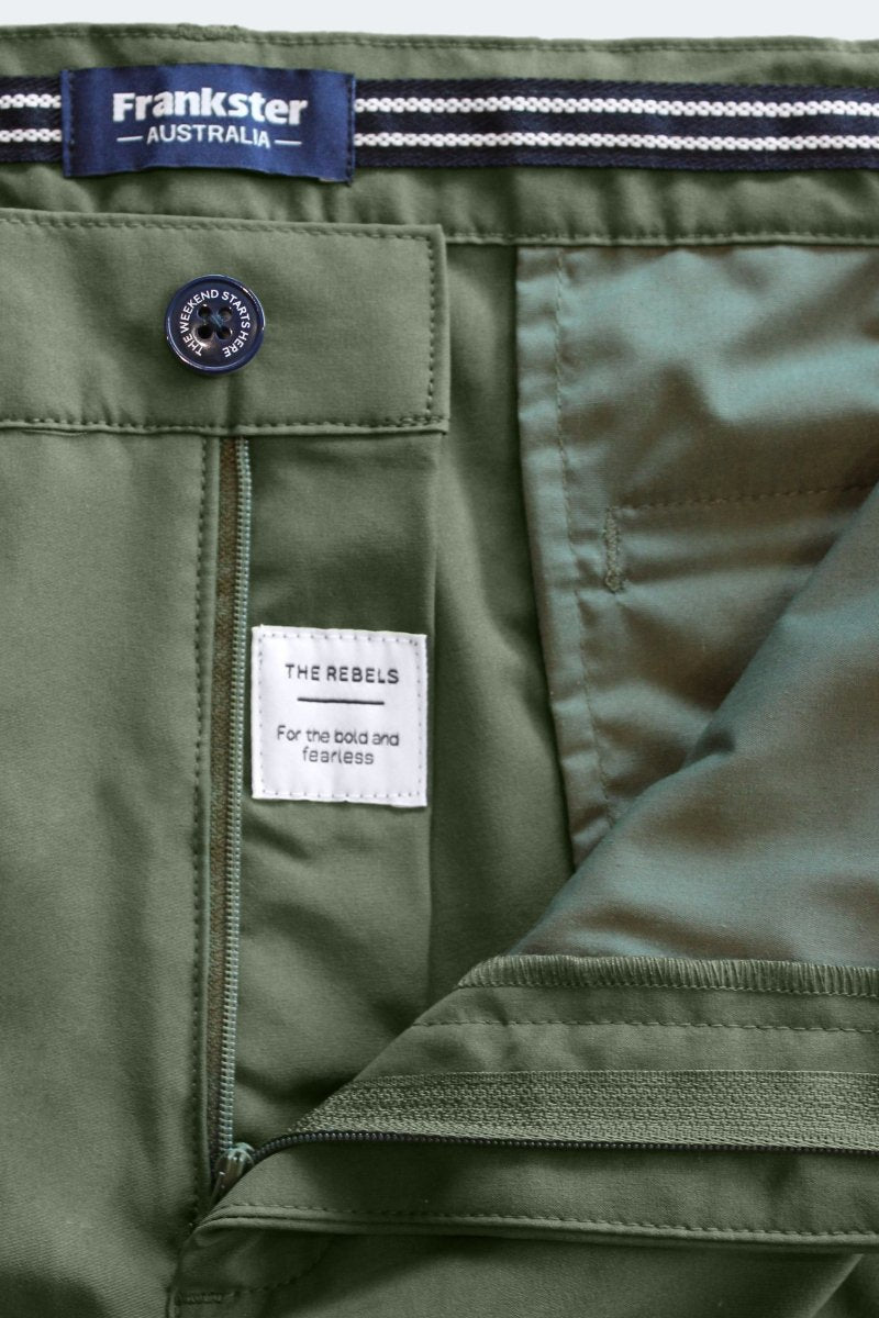 Frankster Rebels Army Green The Actives Shorts zipper label