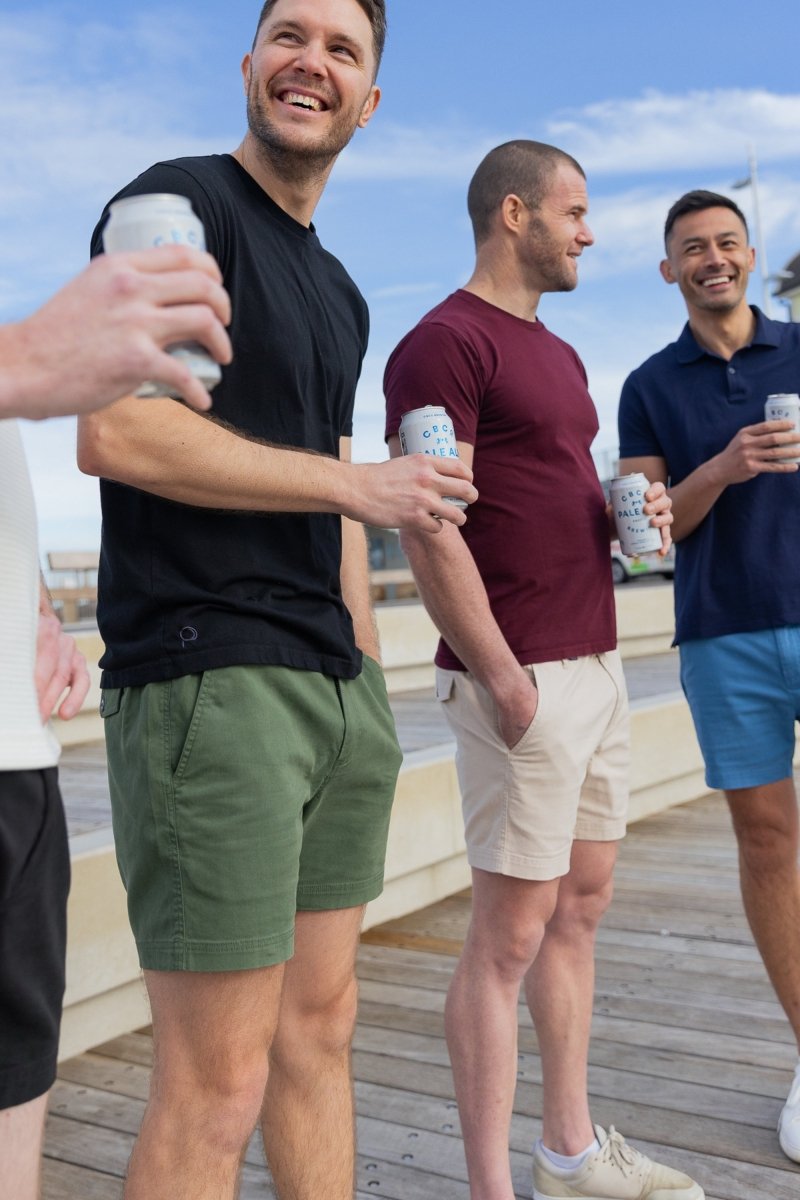 Group of men outdoors wearing Frankster Rebels * The Shorties men's shorts in army green and beige stretch cotton styles