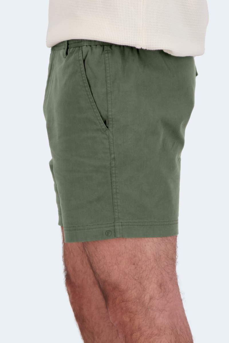 Side view of Rebels * The Shorties men's shorts in army green stretch cotton by Frankster