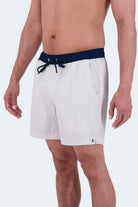 Frankster Rivieras * The Swims Men's Shorts in white pinstripe fabric with navy drawstring waistband, lightweight swim shorts