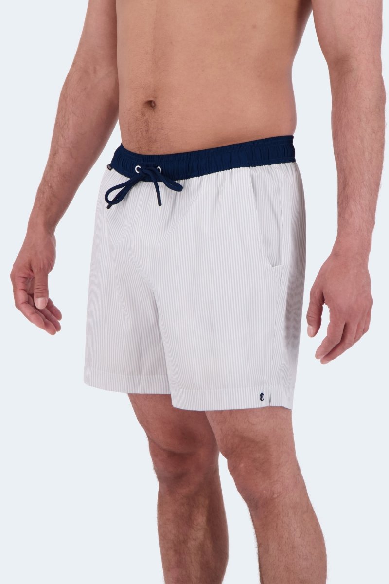 Frankster Rivieras * The Swims Men's Shorts in white pinstripe fabric with navy drawstring waistband, lightweight swim shorts