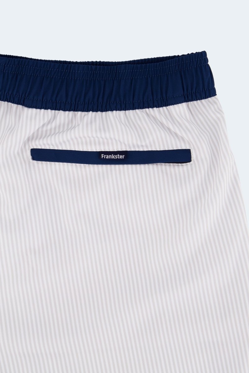 Rivieras * The Swims by Frankster, Men's Shorts in white and blue pinstripes with a navy elasticated waistband and zip pocket