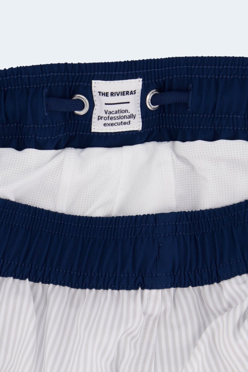 Rivieras * The Swims by Frankster Men's Shorts in navy textured fabric with white mesh lining and striped detail
