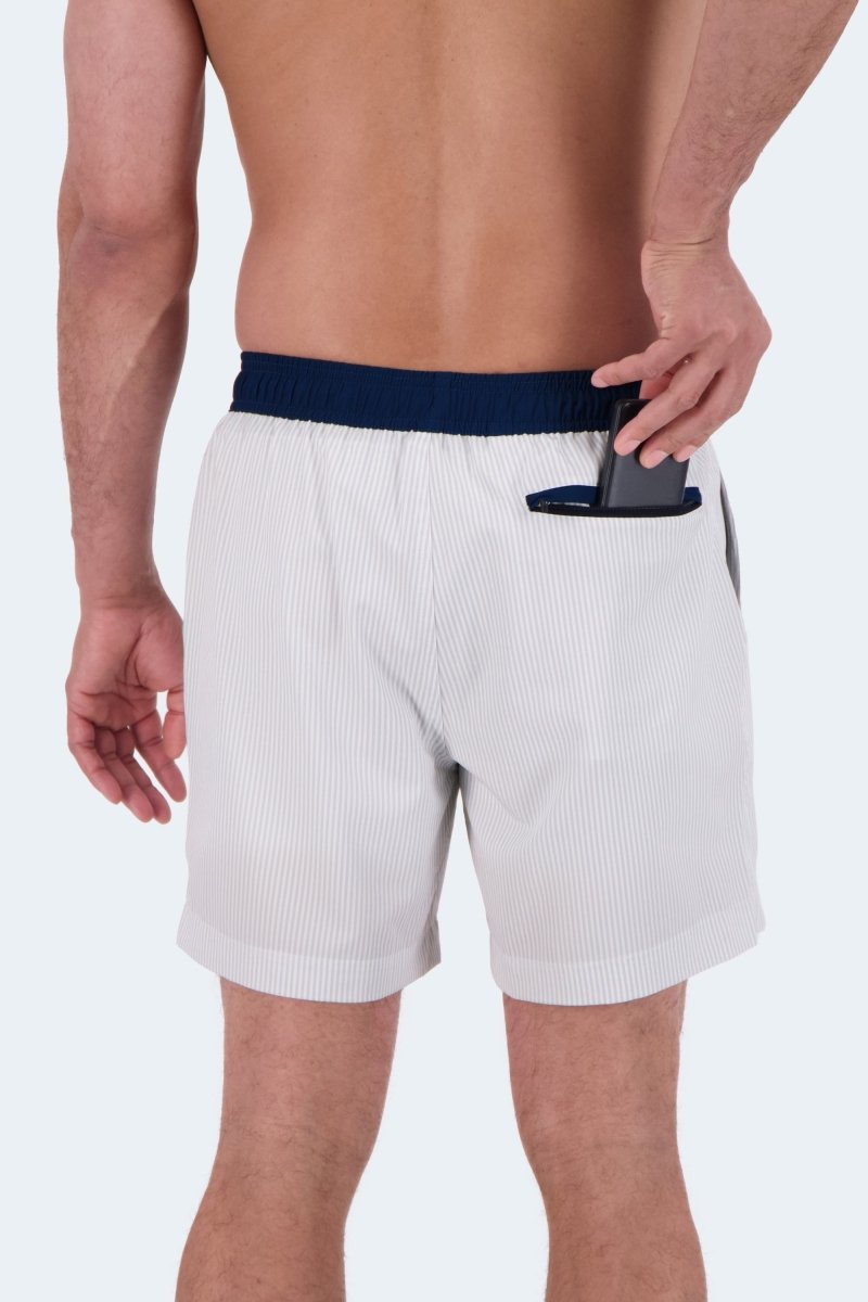 Rivieras * The Swims by Frankster, white pinstriped Men's Shorts with navy elastic waistband and side zip pocket