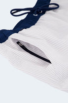 Rivieras * The Swims Frankster Men's Shorts in white pinstripe fabric with navy drawstring and hidden zip pocket