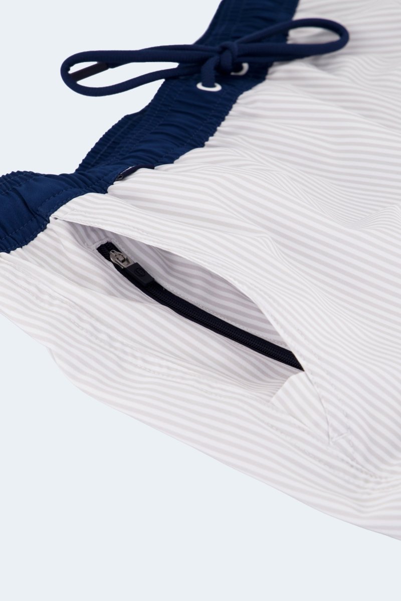 Rivieras * The Swims Frankster Men's Shorts in white pinstripe fabric with navy drawstring and hidden zip pocket
