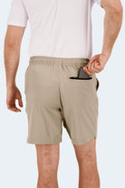 Frankster Sandbars * The Sporties Men's Shorts in taupe fabric with an elastic waistband and hidden zip pocket
