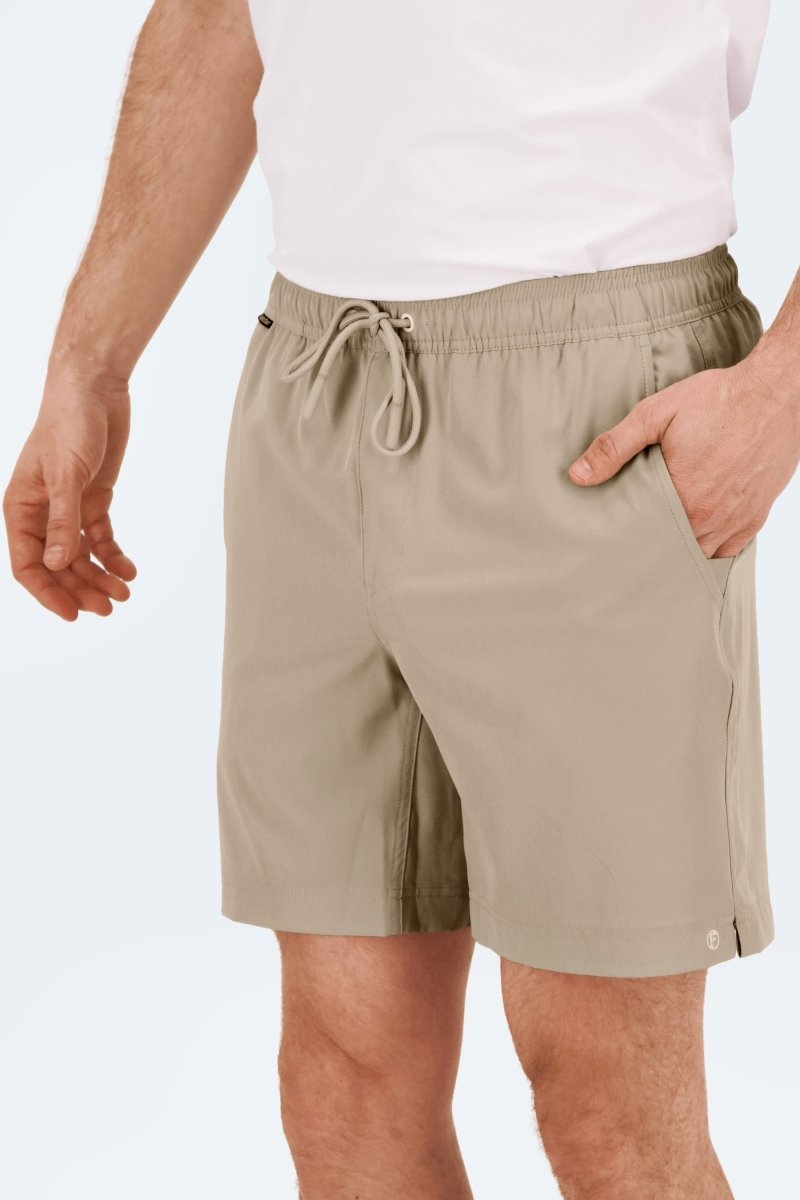 Frankster Sandbars * The Sporties Men's Shorts in beige with smooth fabric, elasticated drawstring waistband and side pockets