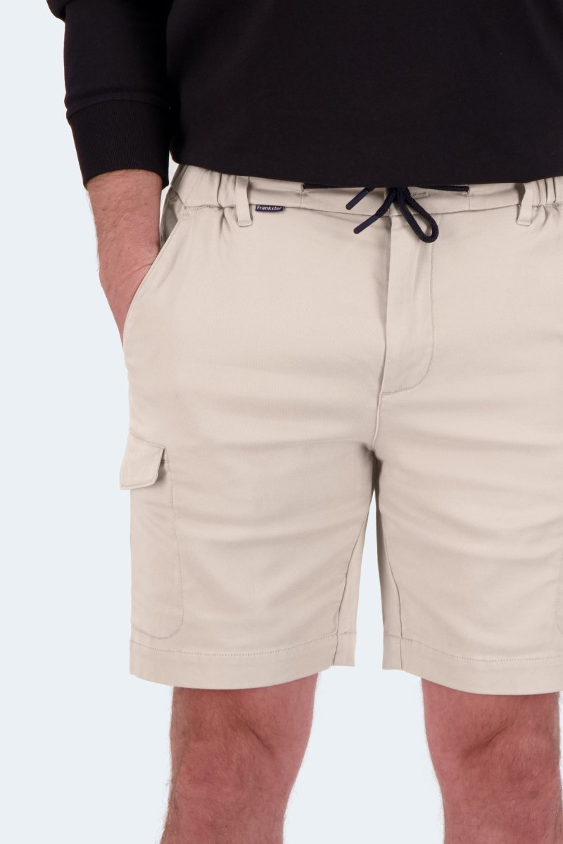 Close-up of Shores * The Aussies light khaki Frankster men's shorts made from premium cotton cargo material with drawstring waist
