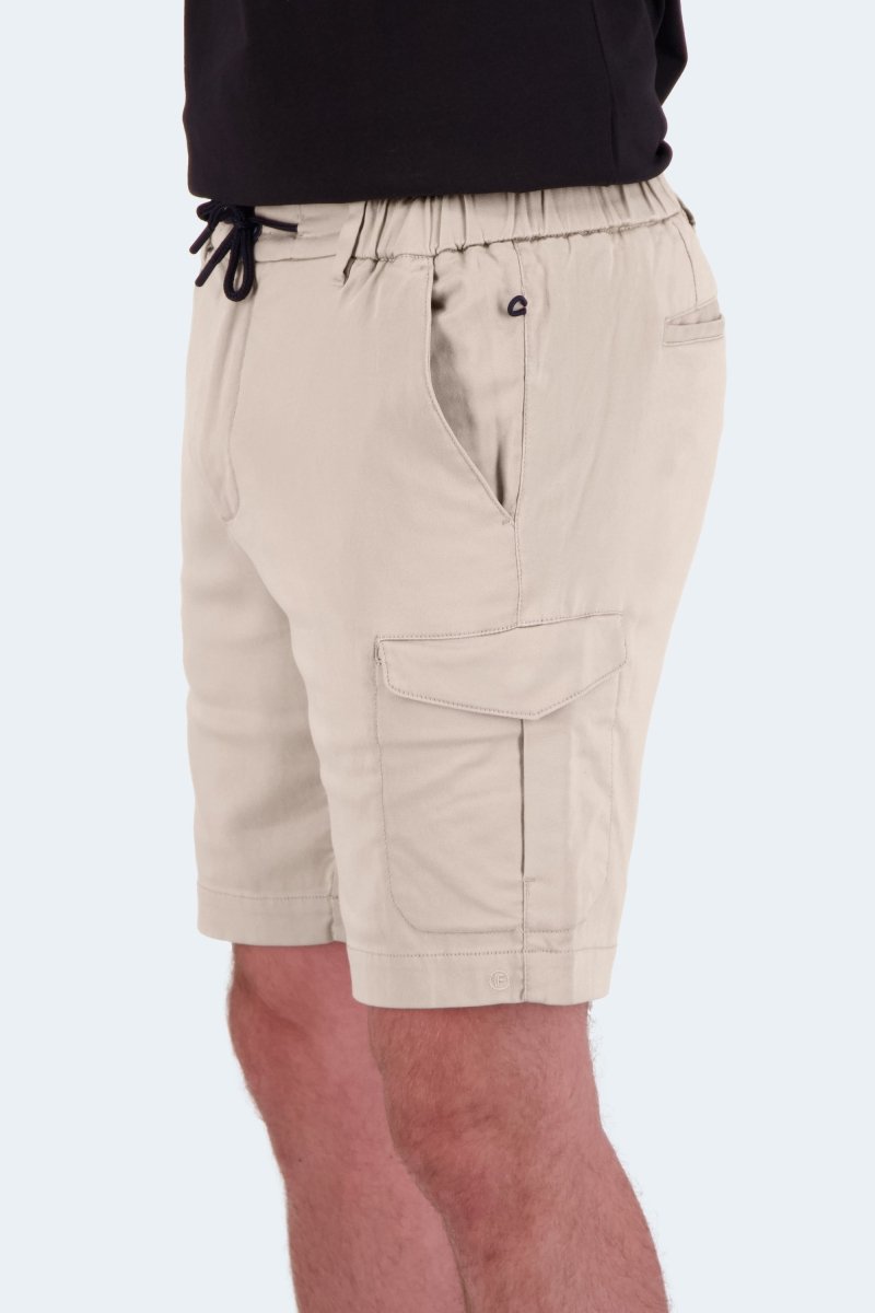 Side view of Shores * The Aussies light khaki cotton men's shorts by Frankster with cargo pockets and elastic waist detail