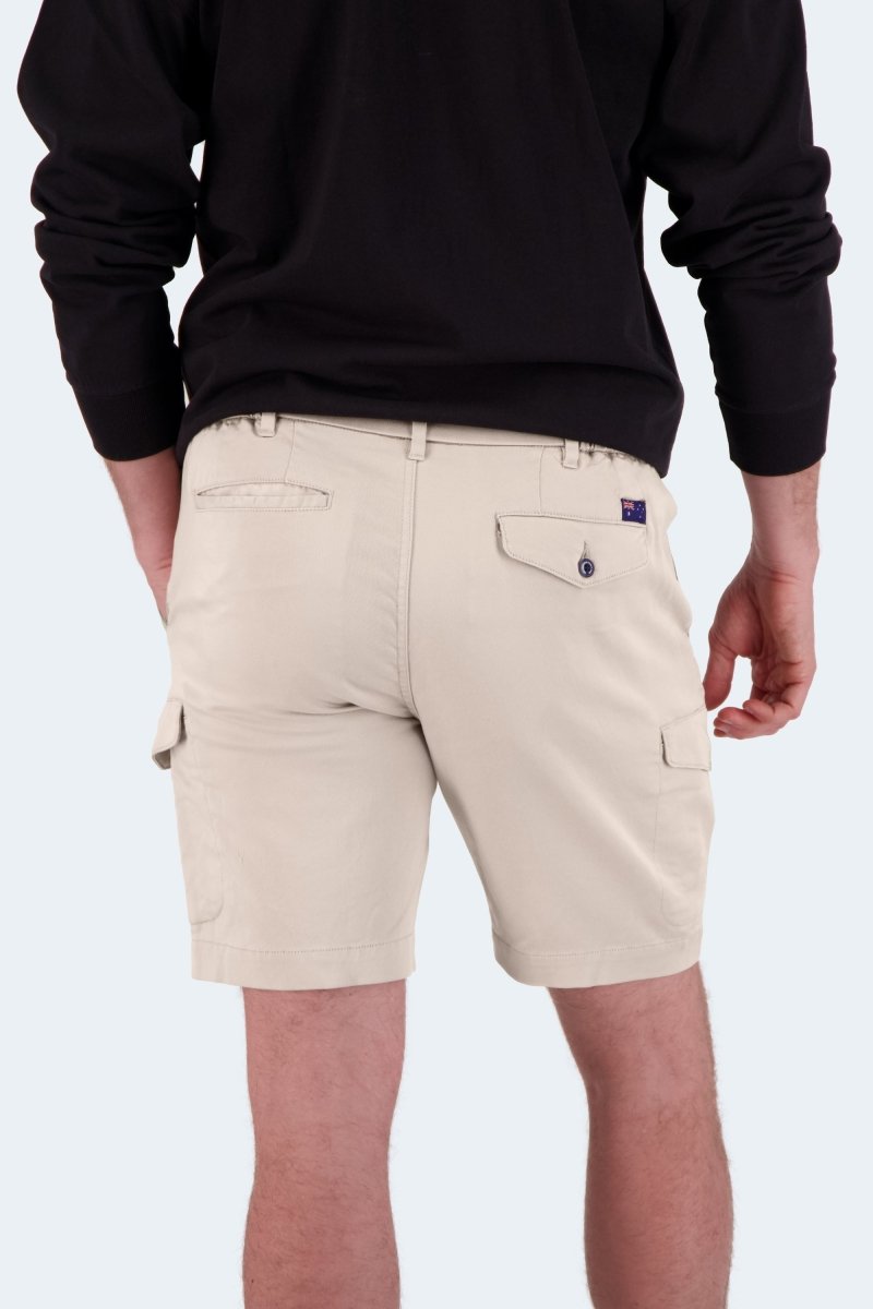 Back view of Shores * The Aussies light khaki cotton men's shorts by Frankster with cargo pockets and belt loops