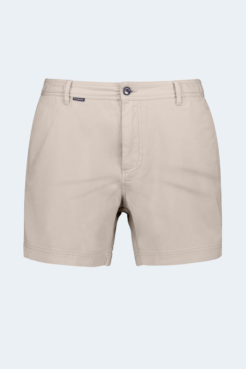 Shores * The Shorties beige stretch cotton men's shorts by Frankster with a clean classic fit and button closure
