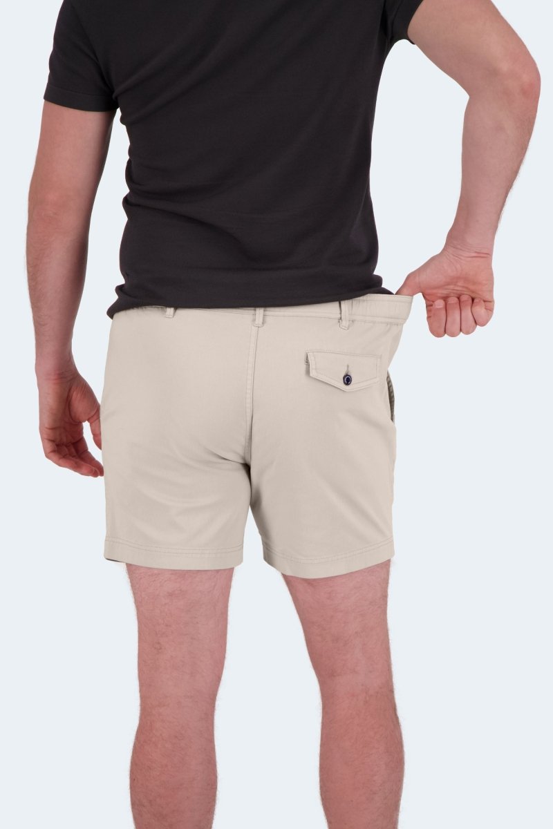 Man wearing light khaki Shores * The Shorties men's shorts by Frankster in stretch cotton, showing fit from the back