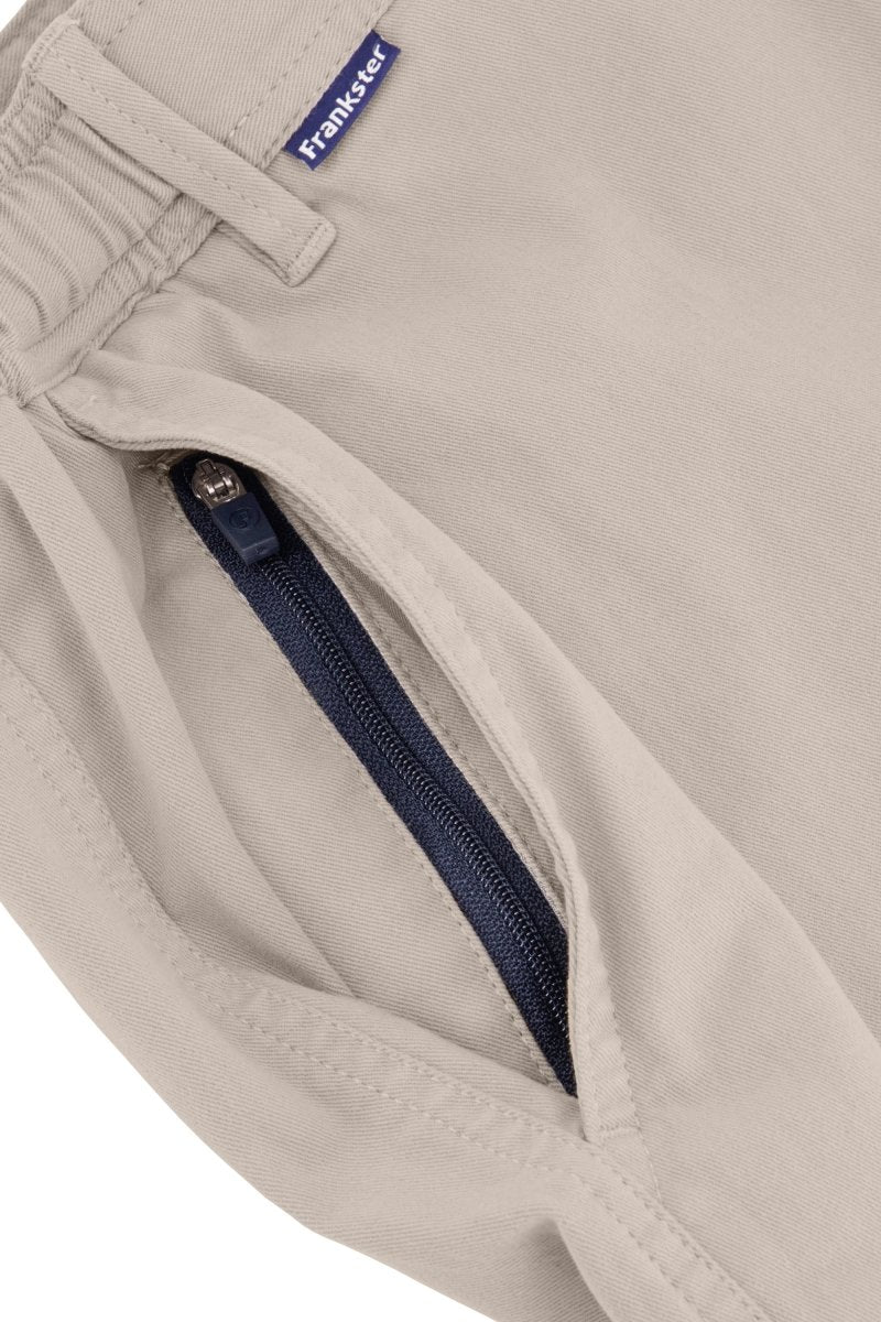 Close-up of Shores * The Shorties light khaki stretch cotton men's shorts pocket with navy zipper by Frankster