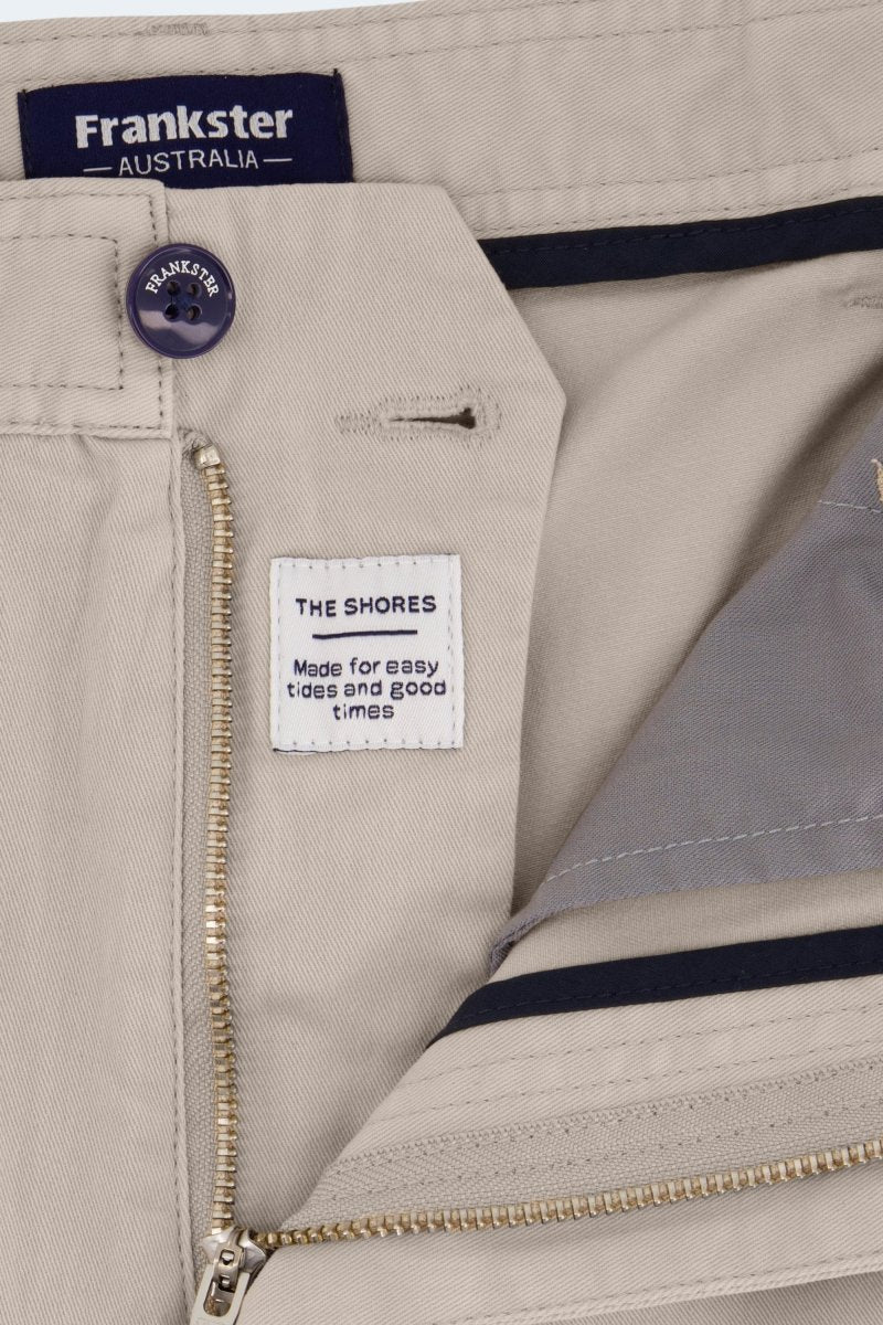 Close-up of Shores * The Shorties men's shorts in light khaki stretch cotton by Frankster showing zipper and inner labels detail