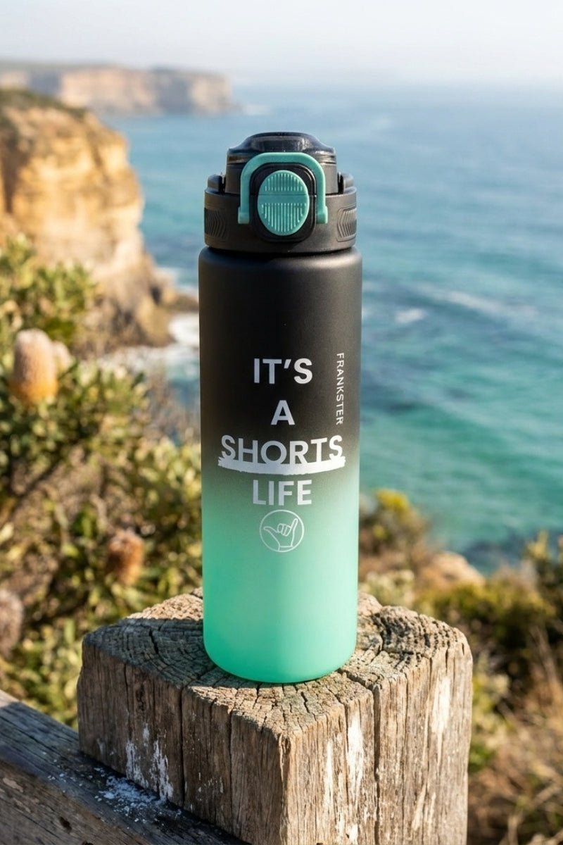Frankster branded drinkware bottle featuring a gradient bottle green to black design, styled with Men's Shorts Life branding reflecting the "Shorts Life Bottle Green Black" theme.