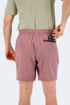 Frankster Men's Shorts in dusty rose with an elastic waistband and hidden zip pocket holding a phone. Sundowners * The Sporties