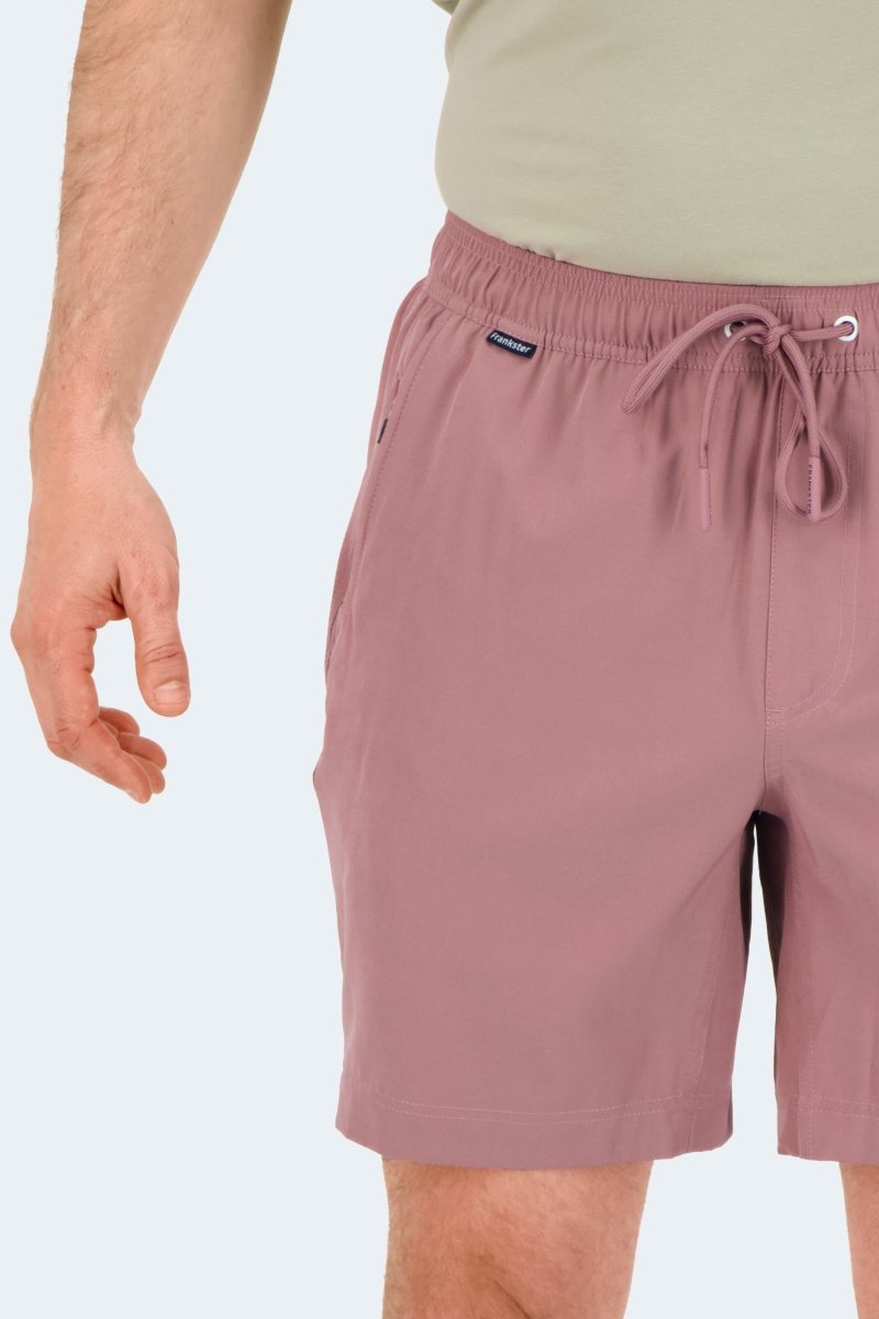 Frankster Sundowners * The Sporties men's shorts in dusty rose fabric with an elasticated drawstring waist and side pockets