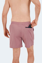 Rear view of Frankster Sundowners * The Swims Men's Shorts in mauve smooth fabric with elastic waistband and hidden zip pocket