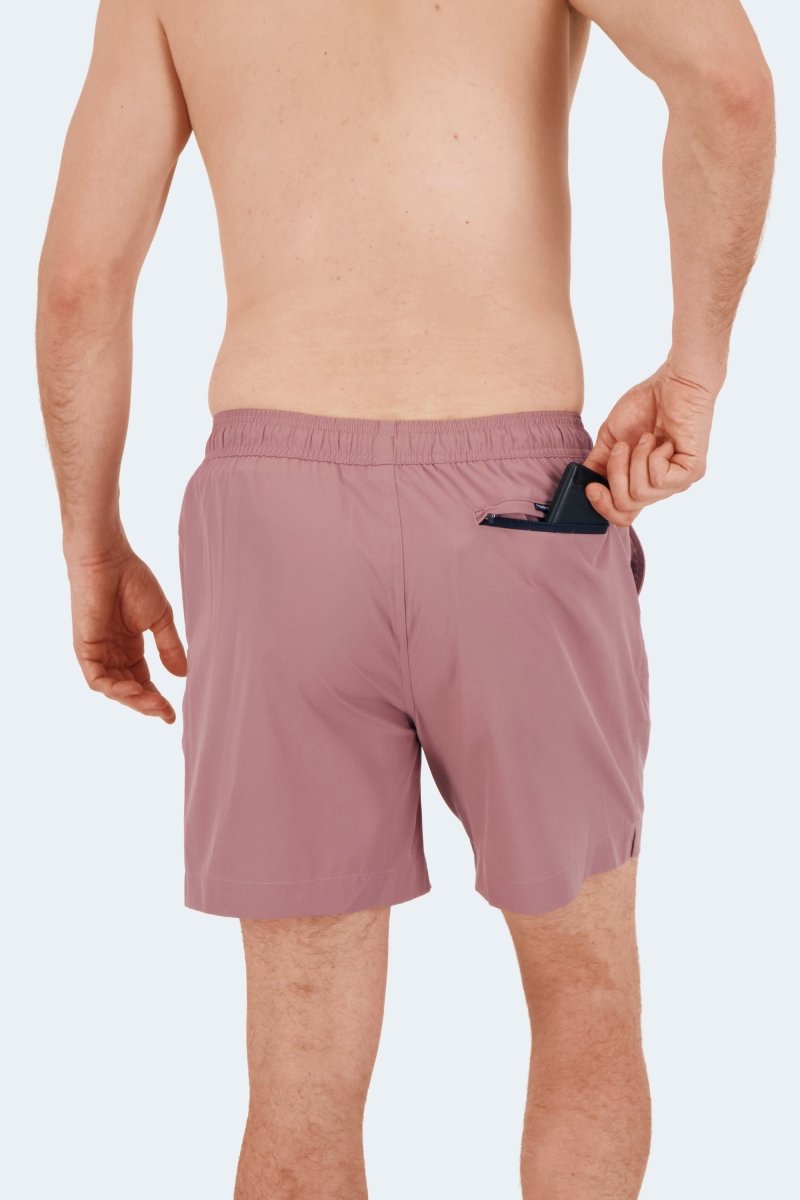 Rear view of Frankster Sundowners * The Swims Men's Shorts in mauve smooth fabric with elastic waistband and hidden zip pocket