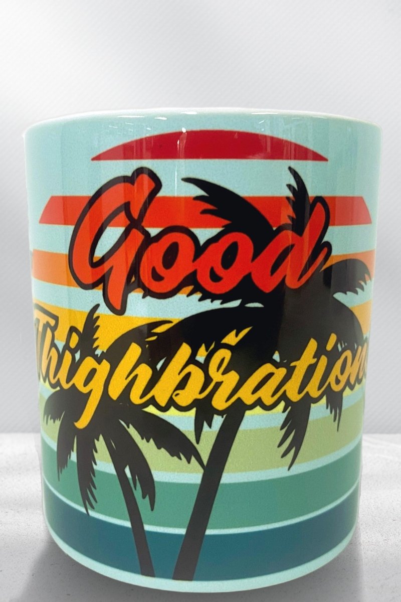 Frankster The Good Thighbrations Mug with colorful sunset design on ceramic, complementing men's shorts style and vibe