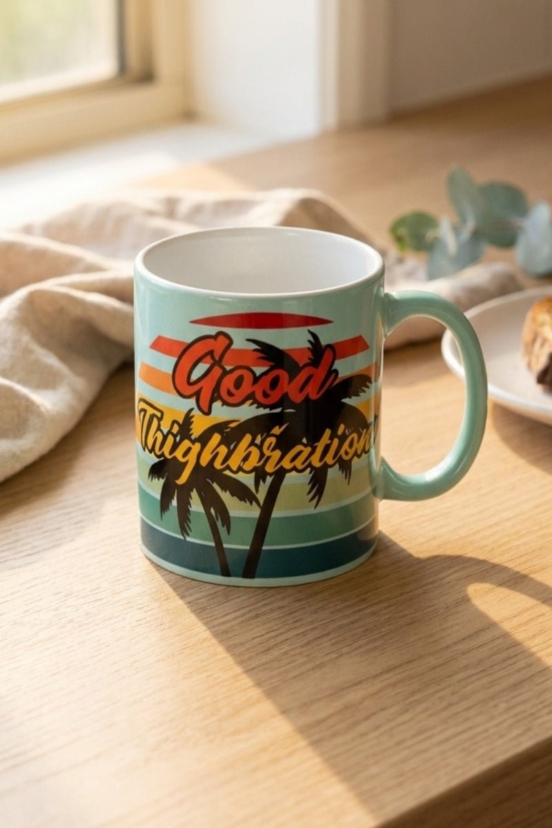 The Good Thighbrations Mug by Frankster features a smooth ceramic finish with vibrant sunset stripes and palm tree graphics, complementing men’s shorts lifestyle visuals from Frankster Australia.