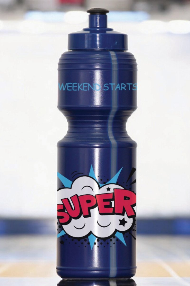 Dark blue Frankster The Super Weekend Water Bottle made of BPA-free plastic with bold graphic design and clear water strip visible