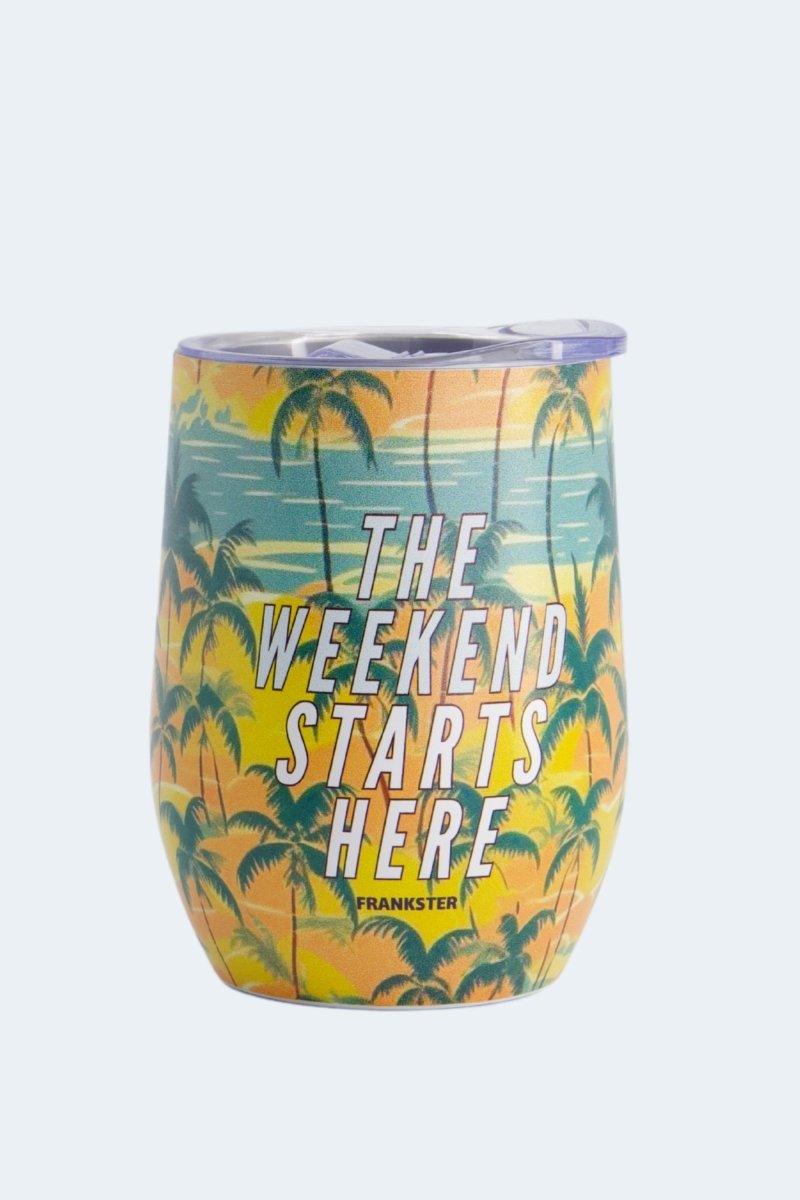 The Tropical Weekend Tumbler by Frankster with tropical palm print and stainless steel design next to men's shorts colors