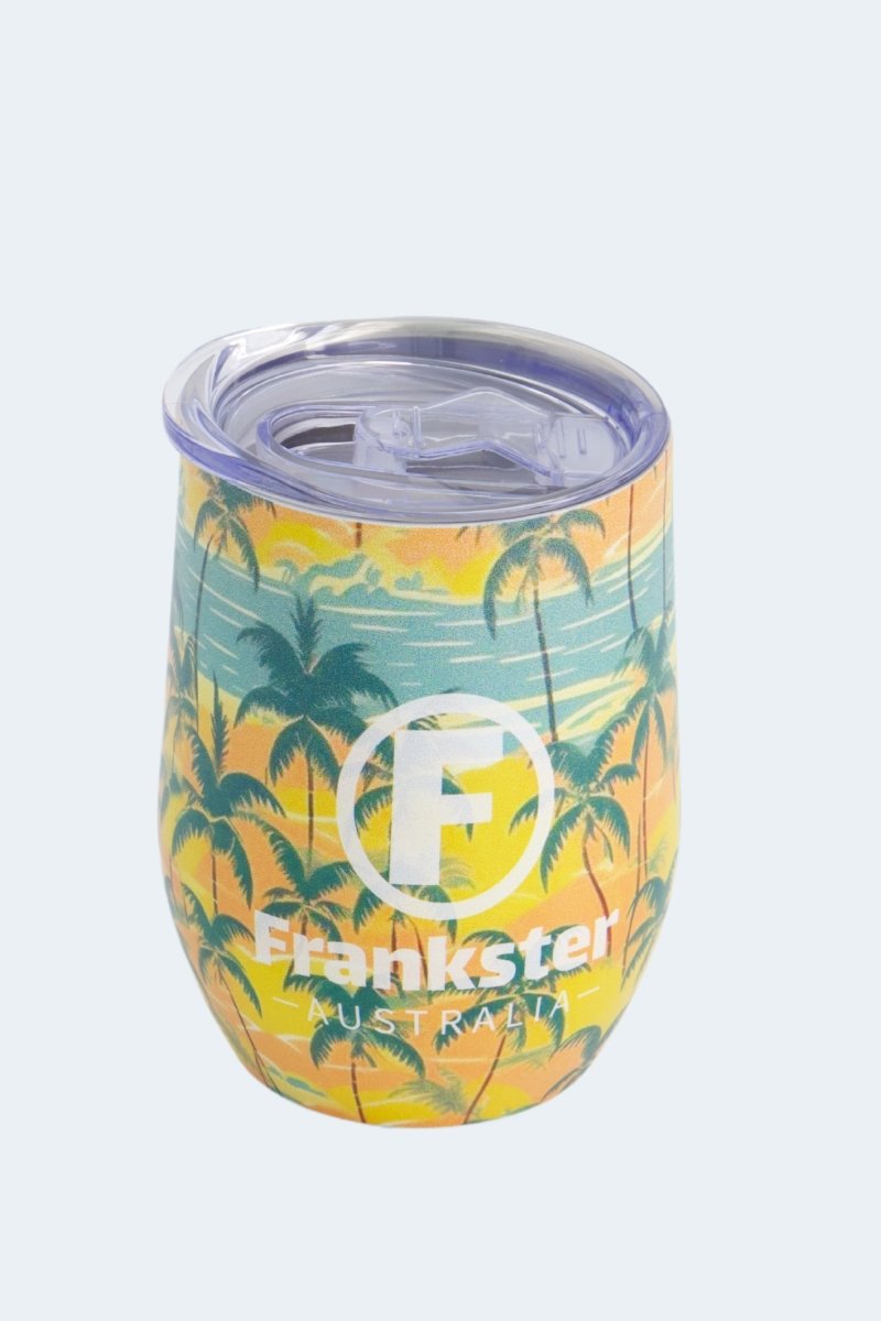 The Tropical Weekend Tumbler by Frankster with tropical palm print and stainless steel double-walled insulation designed for men's shorts fans