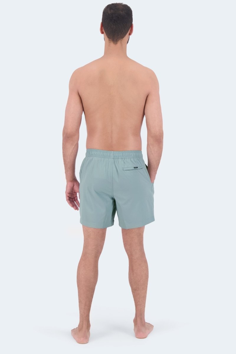 Frankster Velvets * The Swims Men's Shorts in pale blue swim fabric with an elastic waistband and hidden zip pocket shown from behind