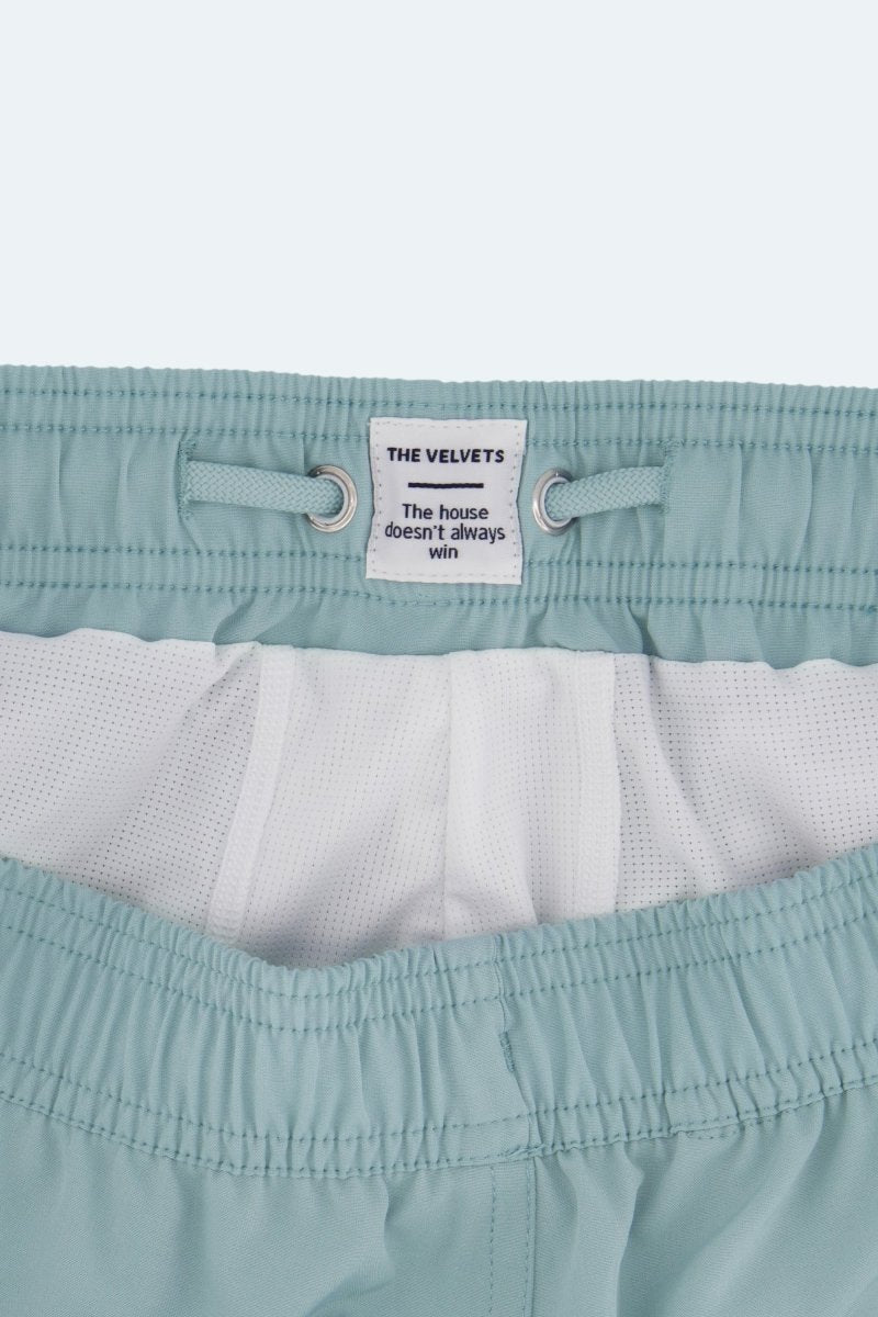 Velvets * The Swims by Frankster Men's Shorts in pale blue lightweight fabric with white mesh lining and elasticated waistband