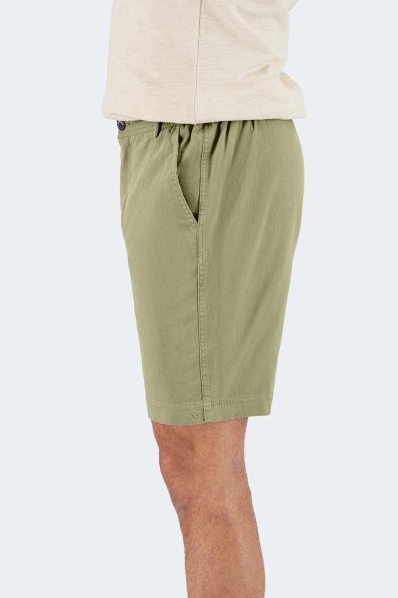 Side view of olive green Frankster Virgins * The Everydays men's shorts made from soft stretch cotton fabric