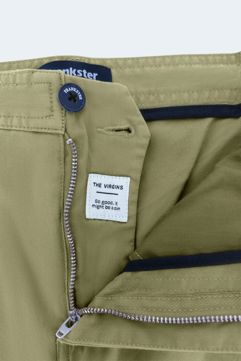 Close-up of olive green cotton fabric men's shorts from Frankster featuring Virgins * The Everydays label and metal zipper detail