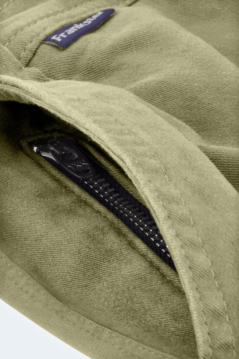 Close-up of olive green stretch cotton men's shorts zipper detail from Virgins * The Everydays by Frankster