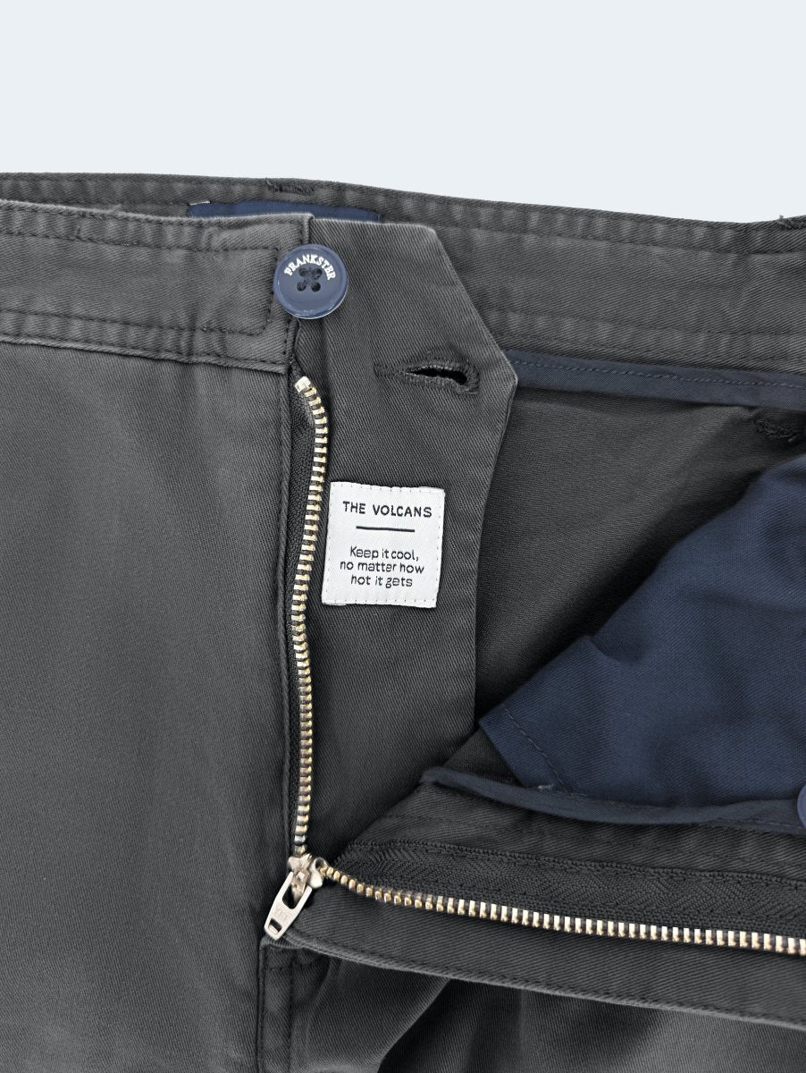 Close-up of Frankster Volcans * The Everydays men's shorts in dark grey cotton with zipper and button details