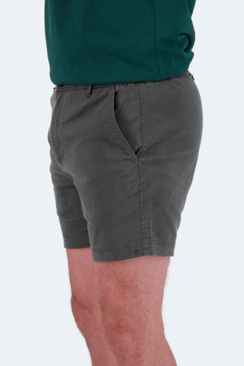 Side view of Volcans * The Shorties dark grey stretch cotton men's shorts by Frankster with thigh-skimming cut