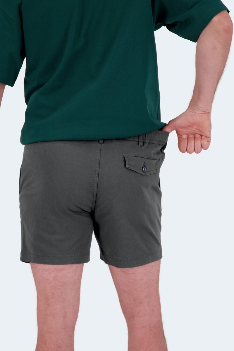 Rear view of a man wearing Volcans * The Shorties dark grey stretch cotton men's shorts by Frankster