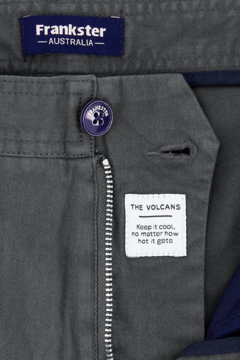 Close-up of Frankster Volcans * The Shorties men's shorts in dark grey stretch cotton with branded button and labels