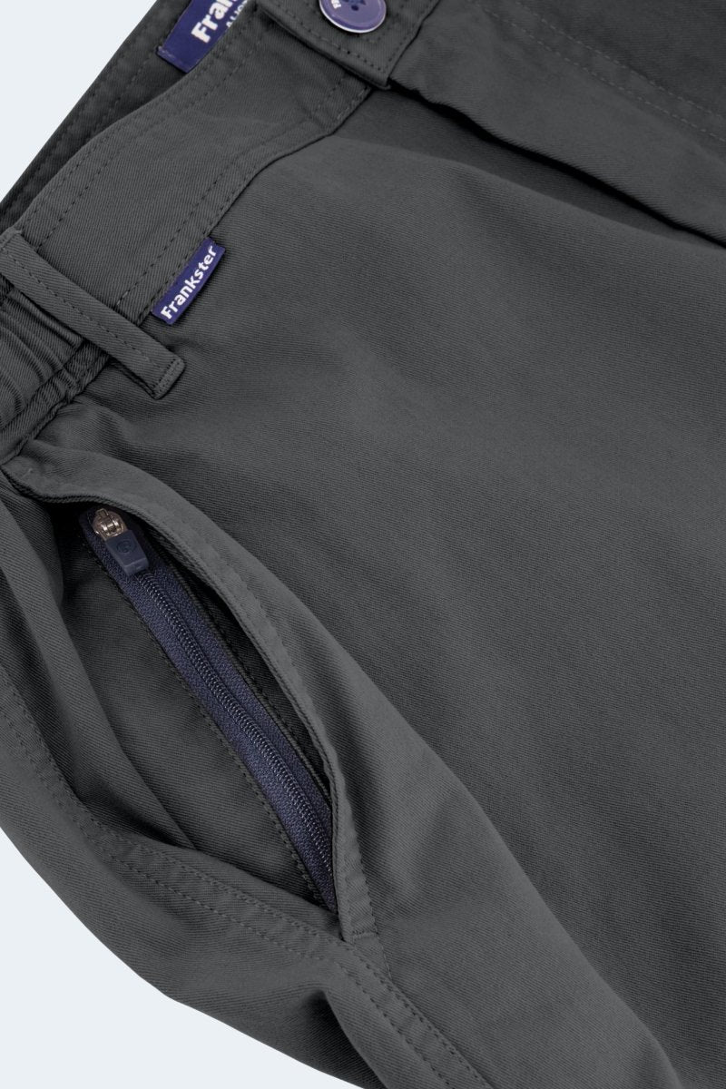 Close-up of Frankster Volcans * The Shorties men's shorts in dark grey stretch cotton with zippered pocket detail