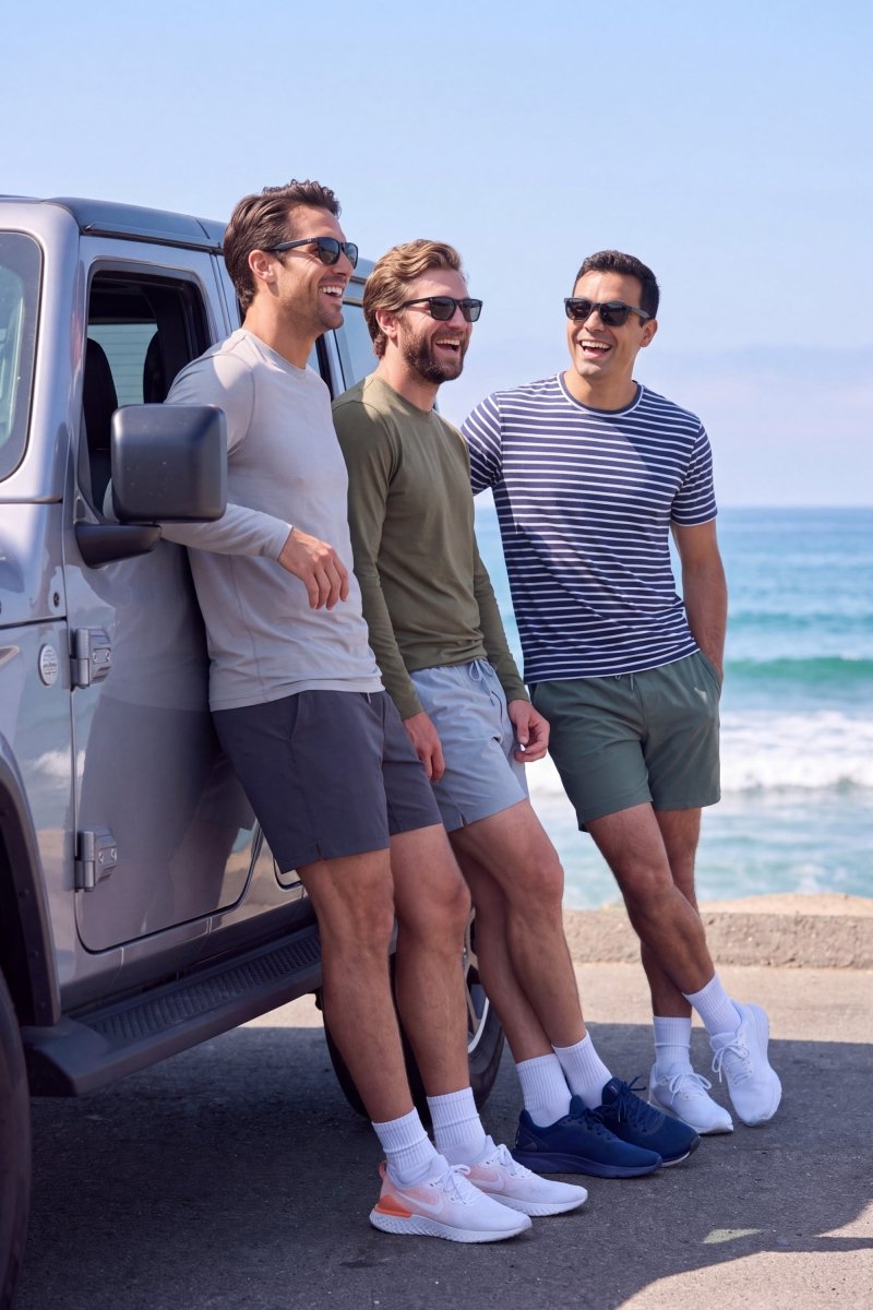 Volcans * The Sporties by Frankster, Men's Shorts in navy, grey and teal worn by three men beside a beach