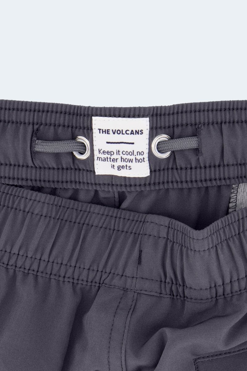 Frankster Volcans * The Sporties Men's Shorts in dark charcoal woven fabric with a partly elasticated waistband and stitched detailing