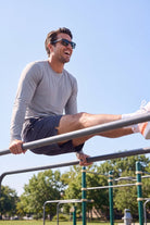 Volcans * The Sporties by Frankster, dark navy Men's Shorts worn during outdoor exercise on parallel bars