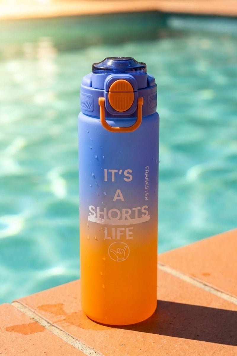 Frankster Water Bottle Orange Blue with a vibrant color gradient and durable material, complementing the style and comfort of men's shorts for active wear.