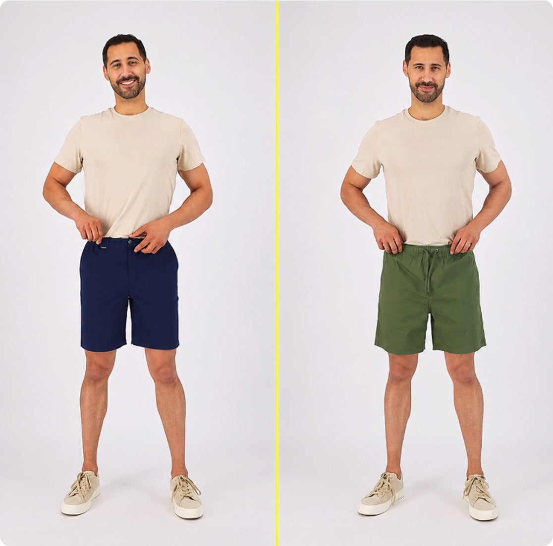 Side-by-side images of a man wearing casual beige tops paired with navy blue and olive green men's shorts made from soft, comfortable fabric, highlighting versatile styles.